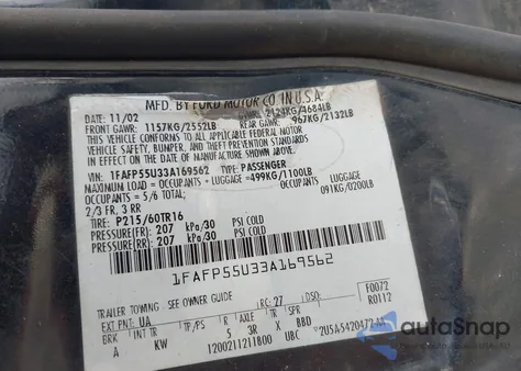 2003 Ford Taurus Ses from USA, damaged, VIN 1FAFP55U33A169562